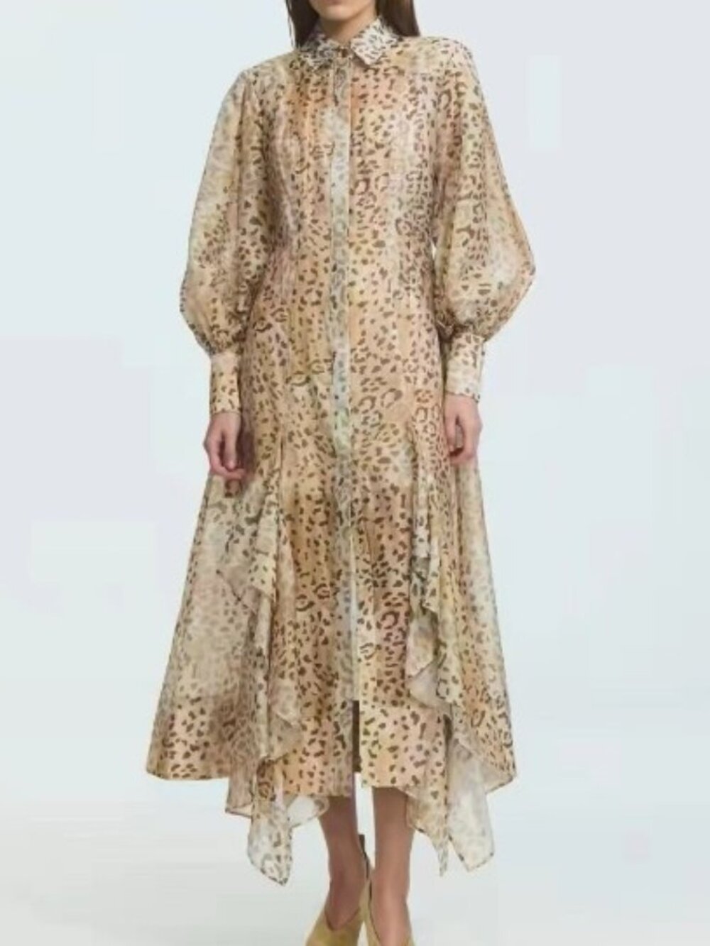 Zimmermann Sheer Beige Leopard Print Button-Down Maxi Dress